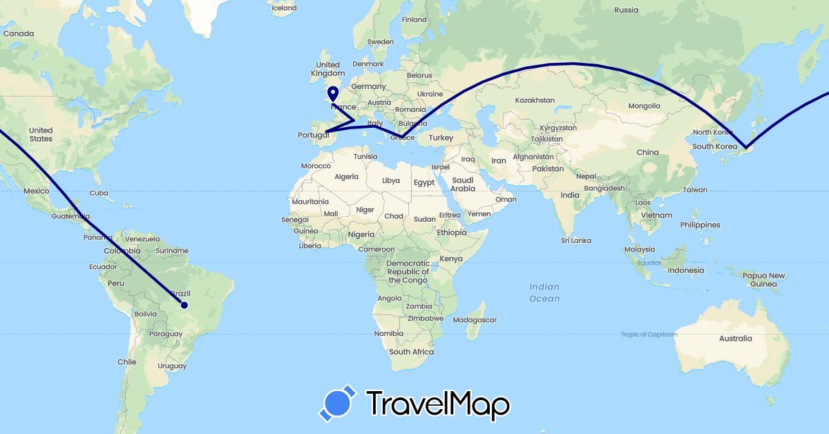 TravelMap itinerary: driving in Brazil, Spain, France, Greece, Honduras, Italy, Japan (Asia, Europe, North America, South America)